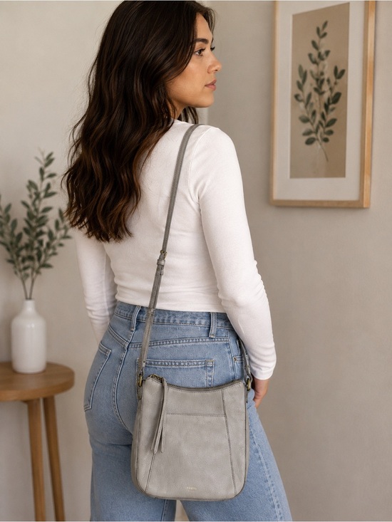 Fossil Handbags - Fossil Grey Leather Crossbody Bag Neutral Pebbled Leather Everyday Purse